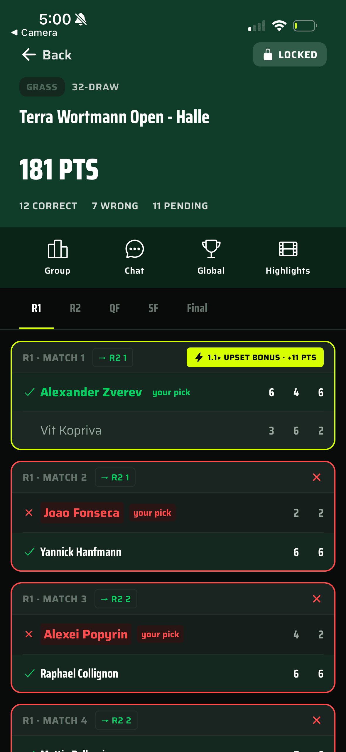 Bracket prediction screen for filling out your draw