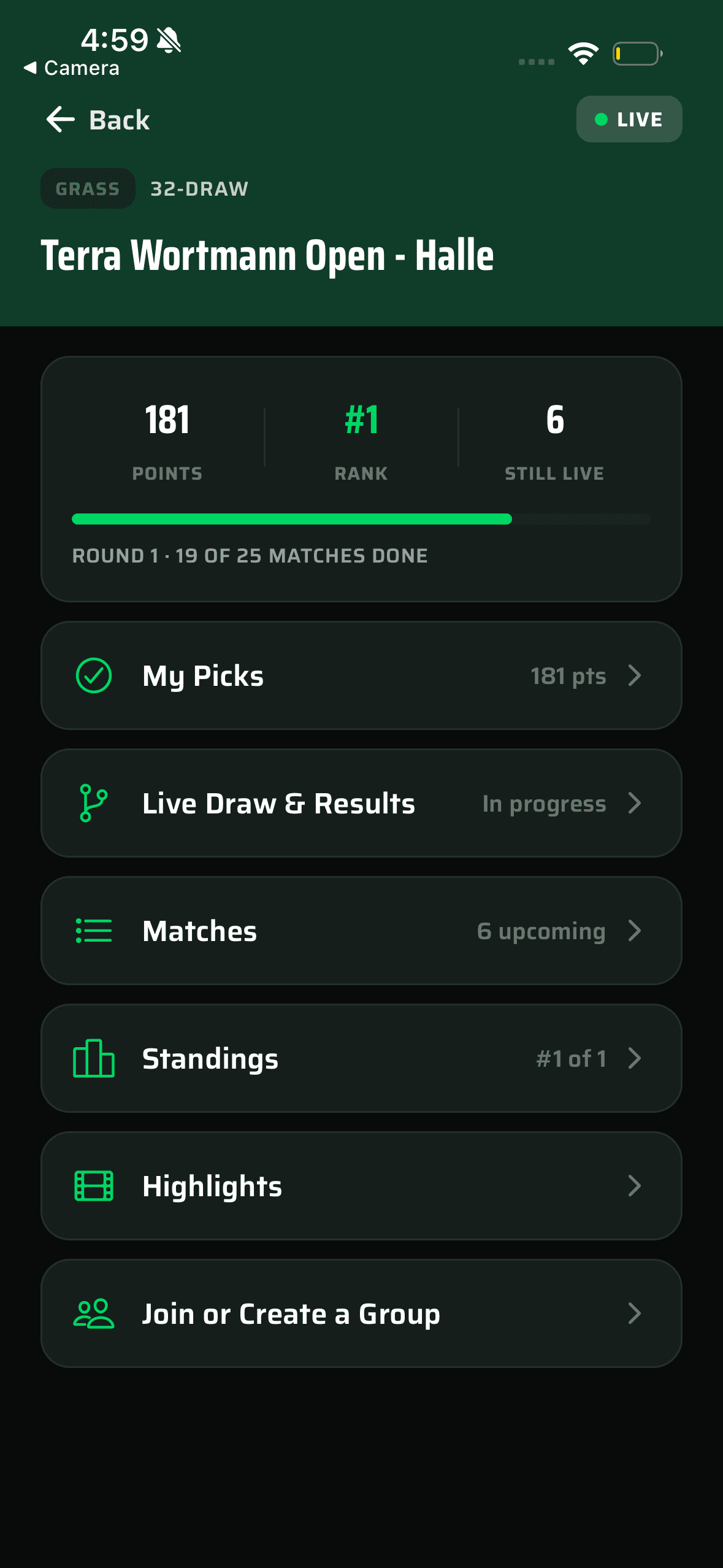 Tournament view with bracket rounds and match results